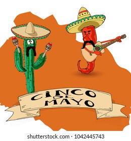cactus, pepper, mexico, sombrero
A greeting card of cinco de mayo with letters, cactus, hat, guitar is drawn by hand. Mexican traditional elements. Vector illustration