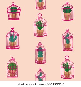 Cactus in pink birdcage. Seamless vector pattern.