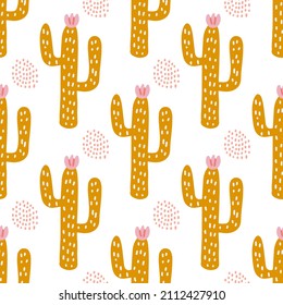 cactus with pink flower, vector seamless pattern in flat style on white background