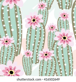 Cactus with pink flowers on the light background. Vector seamless pattern with cacti. 