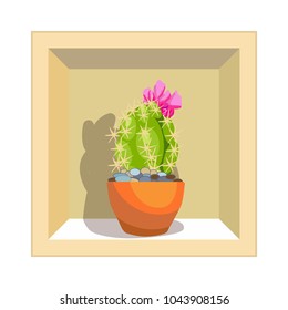 Cactus with pink flowers in an orange pot. Indoor plant on the shelf for the interior. Icon. Isolated object. Vector illustration
