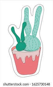Cactus in pink plant pot. Vector illustration doodle cartoon drawing. Isolated cactus sticker icon on white background.
