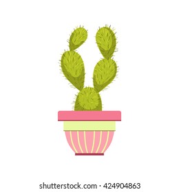 Cactus In Pink Pot Flat Cartoon Childish Style  Vector Icon Isolated On White Background