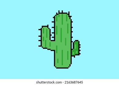 Cactus pixel style illustration vector, 8-bit concept, colorful desert idea, pixel art cactus, isolated on blue background, flat vector design, animation and video game asset