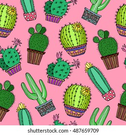 Cactus plant background seamless pattern green pink flower. Doodle. Floral vector illustration, print, fabric, cloth, wallpaper, wrapping, card, wedding, birthday, textile, paper, holiday,mexico.Eps10