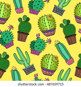 Cactus plant background seamless pattern yellow with flower. Doodle. Floral vector illustration, print, fabric, cloth, wallpaper, wrapping, card, wedding, birthday, textile, paper,holiday,mexico.Eps10