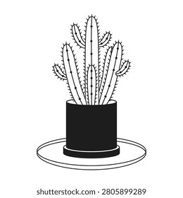 A cactus plant in a black pot on a white plate isolated on a white background