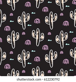 Cactus plant black vector seamless pattern. Abstract cartoon desert fabric print. Scandinavian style cacti for wallpaper, textile, tablecloth.