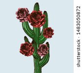 Cactus plant with bloom in roses. Hand-drawn vector illustration with desert plants for your surreal design.