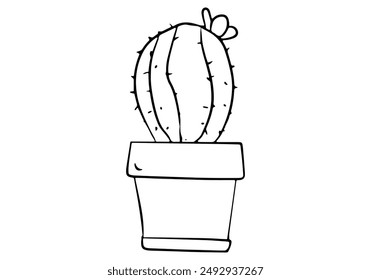 Cactus plant with a blooming flower in a pot hand drawn outline vector illustration. Isolated on white background