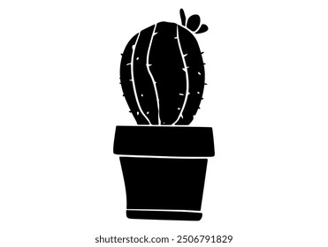 Cactus plant with a blooming flower in a pot silhouette vector illustration. Isolated on white background