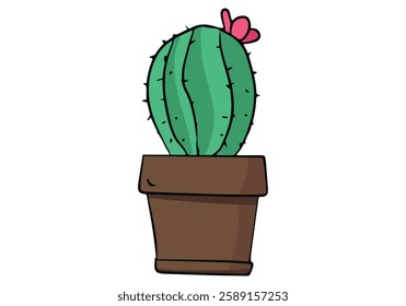 Cactus plant with a blooming flower in a pot colored doodle vector illustration. Isolated on white background