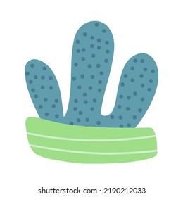 cactus plant or cacti with thorns in pot. Hand-drawn prickly desert tropical cactuses with spines and flowers. Colored flat cartoon vector illustration isolated on white background