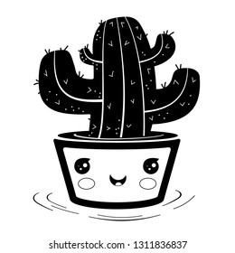 Cactus plant cartoon character with happy face. Drawn vector illustration