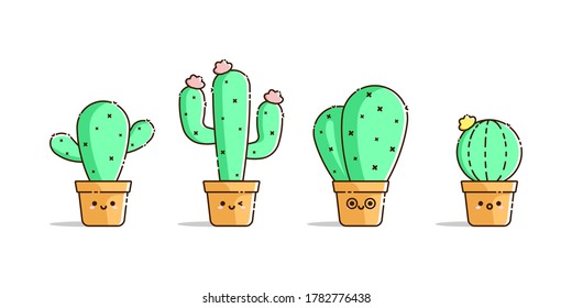 Cactus plant with cute face vector illustration set