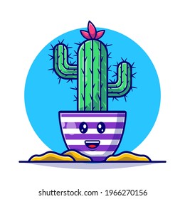 Cactus Plant Cute Vector Flat Illustration. Plant, kawaii, set game, asset, cactus icon, floral, nature, Cactaceae, green. Cute Kawaii Plant Cactus Flat Cartoon Style.
