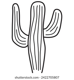 Cactus plant desert among.Mexican cactus. Desert spiny plant. Deserted succulent.Saguaro plant.Isolated on white background.Outline vector illustration.Doodle sketch.