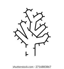 Planta de cacto com um contorno simples e espinhos espinhosos, simbolizando a flora do deserto, resiliência e elementos botânicos únicos em uma ilustração vetorial plana isolada