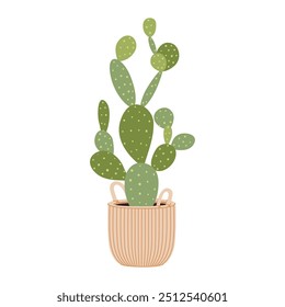 Cactus plant in flowerpot. Green indoor potted plant in a wicker basket. Trendy home cactus plant for house decor. Urban jungle tropical home flower for interior design. Flat vector illustration.