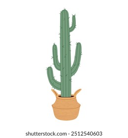 Cactus plant in flowerpot. Green indoor potted plant in a wicker basket. Trendy home cactus plant for house decor. Urban jungle tropical home flower for interior design. Flat vector illustration.