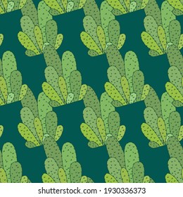 Cactus plant green vector seamless pattern. Dark green background. Elegant fabric on green background Surface pattern design.