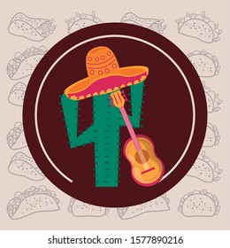 cactus plant with guitar and hat mexican culture vector illustration design