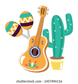 cactus plant with guitar and maracas vector illustration design