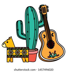 cactus plant with guitar and pinata vector illustration design