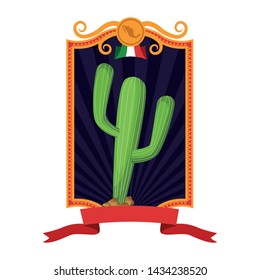 cactus plant icon cartoon with square frame, ribbon banner and mexican flag vector illustration graphic design