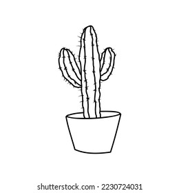 Cactus, Plant icon, isolated on white background. Linear Han-drawn Doodle of Cacti in pot. 