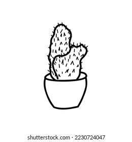 Cactus, Plant icon, isolated on white background. Linear Han-drawn Doodle of Cacti in pot. 