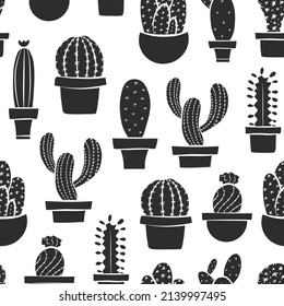 Cactus plant isolated vector illustration. Black and white seamless pattern template. Simple graphic outline drawing. Doodle desert succulent flower icon set.