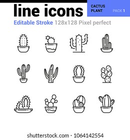 Cactus plant line icons set - Editable Stroke, Pixel perfect thin line vector icons for web design and website application. 