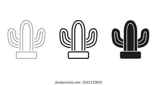 Cactus Plant In Line, Outline, And Glyph Icon Set. Desert Flora And Succulent Symbol Collection. Nature And Botanical Design Elements. Isolated Vector Illustration.