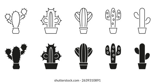 Cactus Plant Line And Solid Icon Set. Desert Flora, Succulent Care, And Indoor Gardening Symbol Collection. Various Cactus Shapes In Pots. Isolated Vector Illustration.