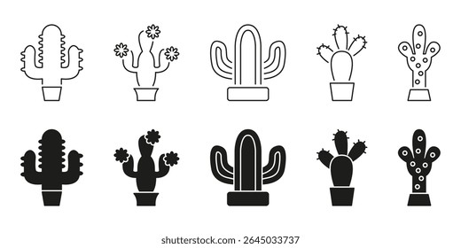 Cactus Plant Line And Solid Icon Set. Desert Flora, Succulent Growth, And Botanical Diversity Symbol Collection. Home Decor. Isolated Vector Illustration.