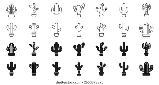Cactus Plant Line And Solid Icon Set. Desert Flora, Succulent, And Botanical Outline and Silhouette Symbol Collection. Diverse Cactus Shapes. Isolated Vector Illustration.