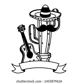 cactus plant with mexican hat and guitar vector illustration design