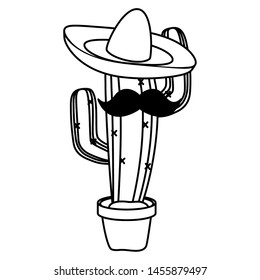 cactus plant with mexican hat and mustache vector illustration design