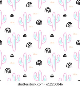 Cactus plant neon vector seamless pattern. Abstract cartoon desert fabric print. Scandinavian style cacti for wallpaper, textile, tablecloth.