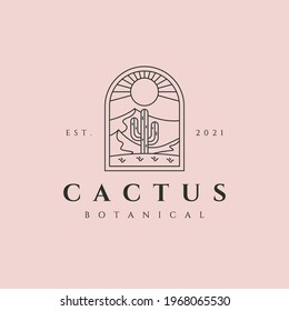 cactus plant on desert logo vector line art minimalist symbol illustration design, vintage cactus logo design