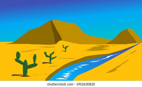 Cactus plant on desert and river vector background