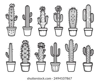 Cactus plant outline silhouette set collection