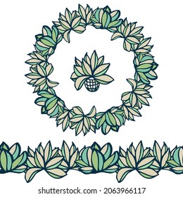 Cactus plant pattern boarder and wreath for tag or card, pastel delicate greenery color
