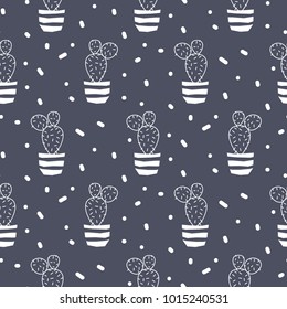 Cactus plant in a pot blue seamless pattern. Cacti vector background monochrome.