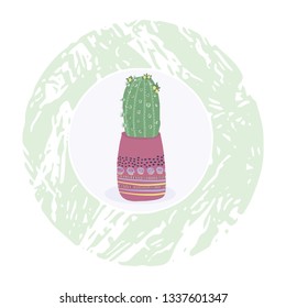 Cactus in plant pot clipart frame element. Indoor isolated succulent houseplant vector illustration. Desert mexican flowering cacti graphic design motif. Hand drawn garden plant sticker,icon, wallart.