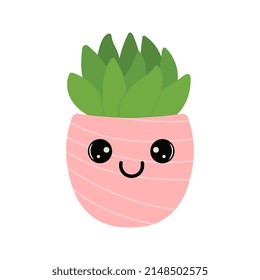 Cactus plant in pot with cute face. Indoor plant in a flat style. Vector illustration.