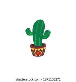Cactus plant in pot is element or symbol for Cinco de Mayo holiday design. Festive party greeting cards and posters flat vector illustration isolated on white background.