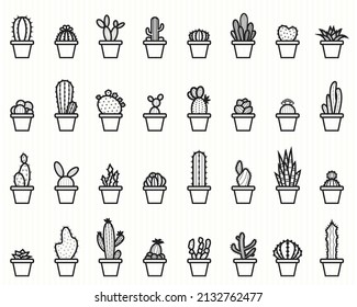 Cactus And Plant In Pot Line Icon Set - Vector