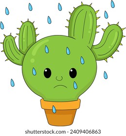 cactus plant in a pot, sad face caught in the rain, cartoon flat illustration